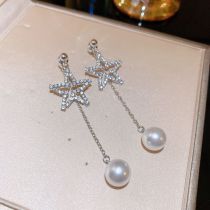 Fashion Silver (real Gold Plating) Geometric Diamond Hollow Pentagram Pearl Tassel Earrings