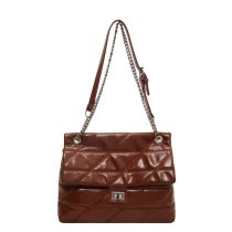 Fashion Brown Pu Embroidered Thread Chain Large Capacity Lock Messenger Bag
