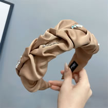 Fashion Light Brown Folds Fabric Rhinestone Pleated Wide-brimmed Headband