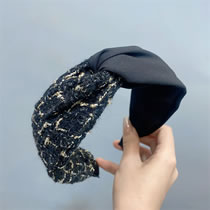 Fashion Black Fabric Check Color Block Knotted Wide-brimmed Headband