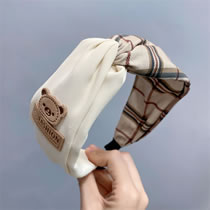 Fashion Milky White Fabric Plaid Color Matching Knotted Bear Wide-brimmed Headband