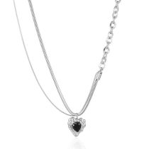 Fashion Silver Necklace (chain Length 43+5cm) Titanium Steel Diamond Heart Men's Double Layer Necklace