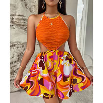 Fashion Orange Polyester Printed Cutout Halterneck Playsuit