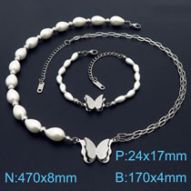 Fashion Steel Color Suit Ks203899-ksp Titanium Steel Pearl Chain Butterfly Bracelet Necklace Set