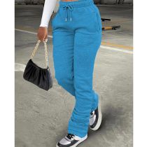 Fashion Blue Polyester Drawstring Stacked Trousers