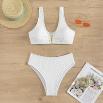 Fashion White Polyester Honeycomb High Waist Two-piece Swimsuit