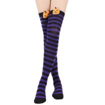 Fashion Purple Black Thin Strips/pumpkin 2 Halloween Card Via Knee Socks  Polyester %28polyester%29
