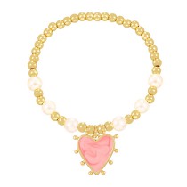 Fashion Pink Copper Drip Oil Heart Charm Beaded Pearl Bracelet