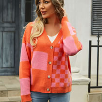 Fashion Orange Check Knit Sweater Jacket