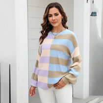 Fashion Khaki Acrylic-paneled Striped Color-blocking Crewneck Knitted Sweater