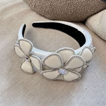 Fashion White Leather Diamond Flower Wide Headband