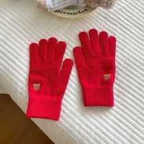 Fashion Red Bear Embroidered Knitted Five-finger Gloves