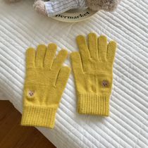 Fashion Yellow Bear Embroidered Knitted Five-finger Gloves