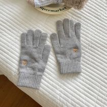 Fashion Grey Bear Embroidered Knitted Five-finger Gloves