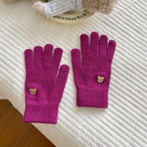 Fashion Ebony Color Bear Embroidered Knitted Five-finger Gloves