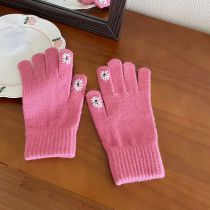 Fashion Pink Daisy Knitted Touchscreen Gloves