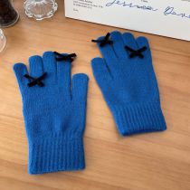 Fashion Royal Blue Wool Knitted Bow Five-finger Gloves