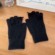 Fashion Black Wool Knitted Bow Five-finger Gloves