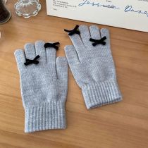 Fashion Grey Wool Knitted Bow Five-finger Gloves