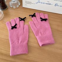 Fashion Rose Pink Wool Knitted Bow Five-finger Gloves
