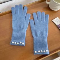 Fashion Haze Blue Wool Knitted Pearl Five-finger Gloves
