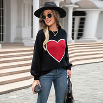 Fashion Black Heart Knit Crewneck Pullover