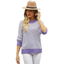 Fashion Purple Contrast Knit Crew Neck Long Sleeve Sweater