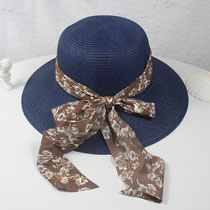 Fashion Navy Blue Straw Wide Brim Print Tie-up Sun Hat