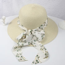 Fashion Off White Straw Wide Brim Print Tie-up Sun Hat