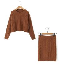 Fashion Brown Wool Knitted Round Neck Sweater Hip-hugging Skirt Suit