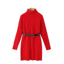 Fashion Red Wool-knit Belted Turtleneck Sweater