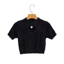 Fashion Black Plush Knitted Hollow Heart Short-sleeved Sweater