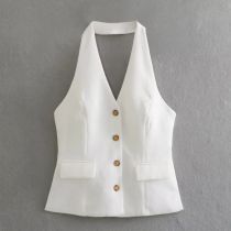 Fashion White Backless Halter Neck Vest