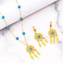 Fashion Suit Titanium Steel Round Blue Pine Dream Catcher Necklace And Earrings Set