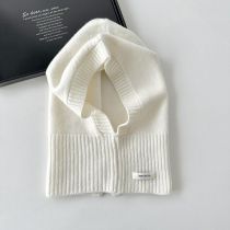 Fashion White Hat Wool Knitted Neck Gaiter Integrated Hood