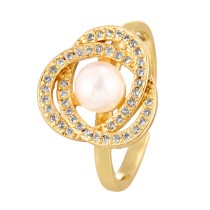 Fashion Golden 5 Copper Set Zircon Pearl Flower Ring
