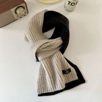 Fashion Oatmeal Black Colorblock Striped Knitted Patch Scarf