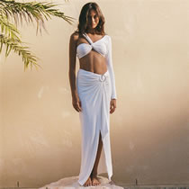 Fashion White Polyester One-shoulder Asymmetrical Halter Top Slit Pleated Skirt Suit