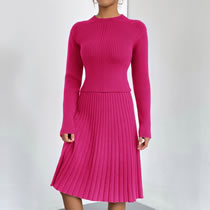 Fashion Rose Red A-line Skirt Polyester Knitted Sweater Skirt Suit
