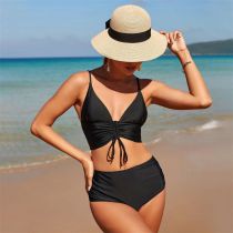 Fashion Black Polyester V-neck Drawstring Tankini Swimsuit
