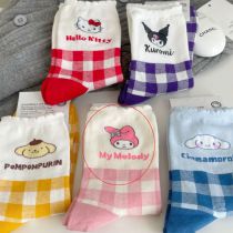 Fashion Melody [1 Pair Additional Packaging Available Wangwang Remembers To Say] Cotton Mid-calf Socks With Cartoon Plaid Print