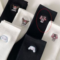 Fashion Black Melody [1 Pair] Cotton Embroidered Knit Mid-calf Socks