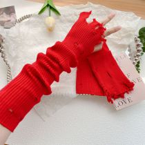 Fashion Red Hole Solid Color Knitted Ripped Arm Fingerless Gloves
