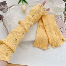 Fashion Yellow Hole Solid Color Knitted Ripped Arm Fingerless Gloves