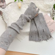Fashion Light Gray Hole Solid Color Knitted Ripped Arm Fingerless Gloves