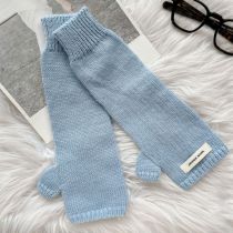 Fashion Light Blue Extended Wristband Polyester Patch Knitted Half Finger Gloves