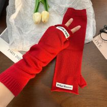 Fashion Red Extended Half Finger Solid Color Knitted Patch Half Finger Gloves