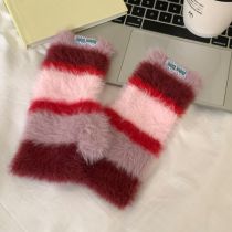 Fashion Red Brown Polyester Plush Striped Patch Half Finger Gloves