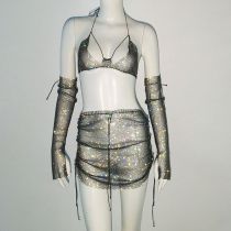 Fashion Black Fishnet Rhinestone Halterneck Suspender Skirt Arm Sleeve Three-piece Set