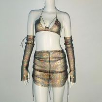 Fashion Black Ab Diamond Fishnet Rhinestone Halterneck Suspender Skirt Arm Sleeve Three-piece Set